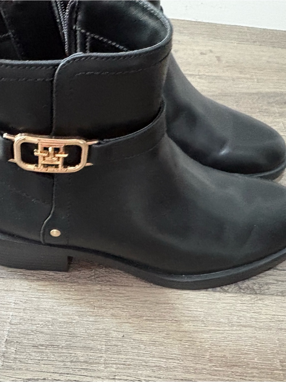 Tommy Hilfiger Black Ankle Booties with Gold Logo Accent